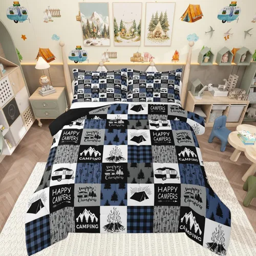 Miniatura 35 de Juego de edredón de camper tamaño matrimonial, edredón acolchado para adolescentes y niños, juego de ropa de cama rústica de granja para niños