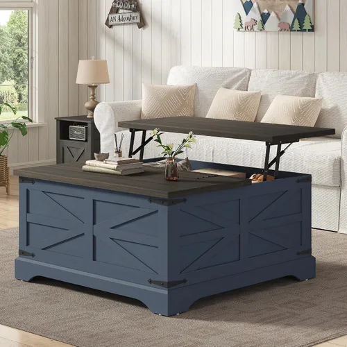 Miniatura 9 de Furnideco - Mesa de centro de granja con superficie elevable, mesa central cuadrada de madera con gran compartimento de almacenamiento oculto