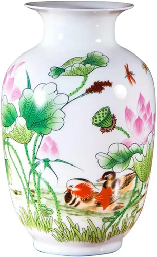Miniatura 26 de Jarrón de cerámica blanco chino, Jingdezhen Birds Peony Flower Jarrones de porcelana blanca Decoración para el hogar B5