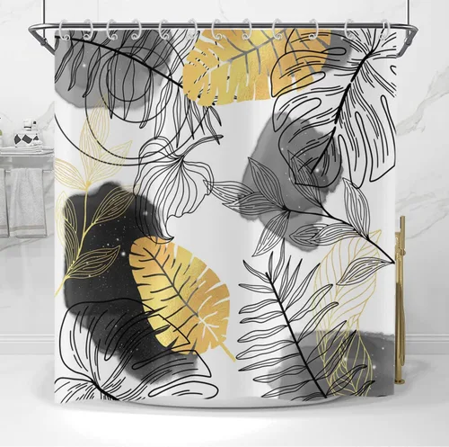 Miniatura 3 de Cortina de ducha bohemia y chic, cortina de baño moderna con hojas tropicales abstractas y ramas botánicas doradas, para decoración del hogar, tela