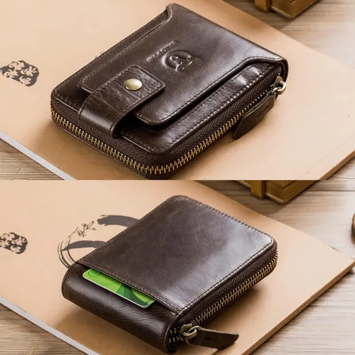 Miniatura 102 de LUKZIJAES Billetera de cuero genuino para hombre, con bloqueo RFID, delgada, plegable, bolsillo frontal, #3-Café, Vintage