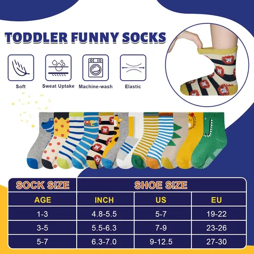 Miniatura 7 de HYCLES Calcetines Antideslizantes para Niños Pequeños, 12 Pares de Calcetines de Algodón con Agarre Antideslizante para Niños y Niñas de 1-7 años