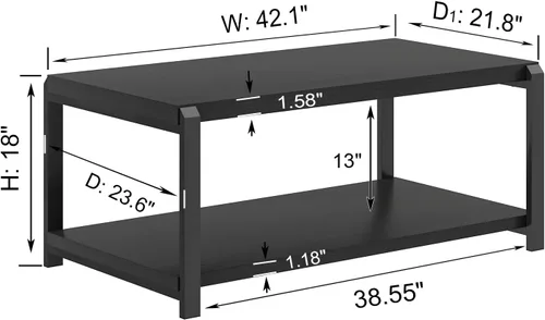 Miniatura 2 de EXCEFUR Mesa de café negra, mesa central moderna de madera rústica para sala de estar, mesa de té industrial rectangular de cóctel con estante