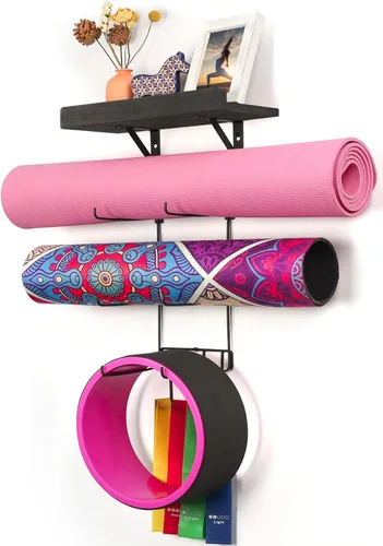 Miniatura 10 de Bikoney Soporte para Esterilla de Yoga Montaje en Pared Almacenamiento de Esterilla de Yoga Accesorios de Gimnasio en Casa con Estantes Flotantes
