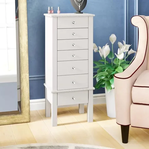 Miniatura 8 de Hives and Honey Kimberly Jewelry Armoire - Organizador de almacenamiento blanco moderno con cajones divididos y ganchos para collares, diseño