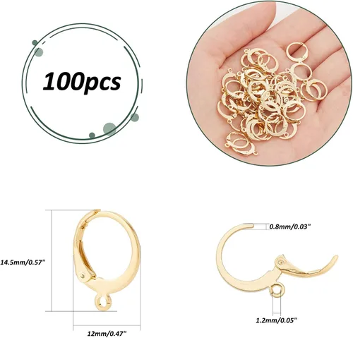 Miniatura 2 de PH PandaHall 100 ganchos chapados en oro de 24 quilates, acero inoxidable 304, palanca de alambre para la oreja, aretes dorados, con lazo abierto
