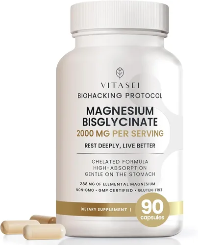 Vitasei Bisglicinato de magnesio – Fórmula quelatada de alta absorción – 2000 mg por porción (288 mg de magnesio elemental) para relajación, sueño y