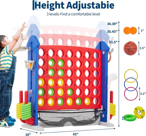 Miniatura 3 de PeakPursuit Juego gigante 4 en fila para niños y adultos, juego familiar al aire libre con altura ajustable, lanzamiento de anillo de baloncesto