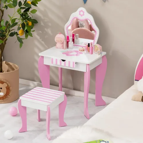 HONEY JOY Tocador para Niños, Mesa de Maquillaje para Niños Pequeños con Espejo y Taburete, Tocador de Madera de Juego de Simulación para Niñas