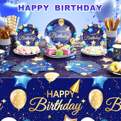 Miniatura 4 de Norme Juego de vajilla de cumpleaños de 176 piezas, color azul marino y dorado, incluye mantel, platos de papel, servilletas, vasos de papel