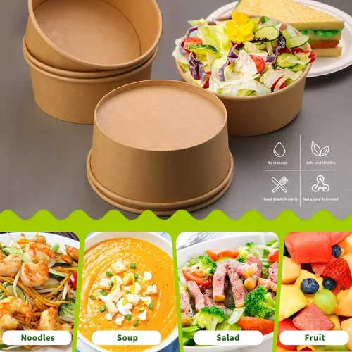 Miniatura 5 de Paquete de 50 cuencos redondos de papel kraft desechables de 37 onzas, recipientes desechables con tapas para ensalada dietética, helado, yogur