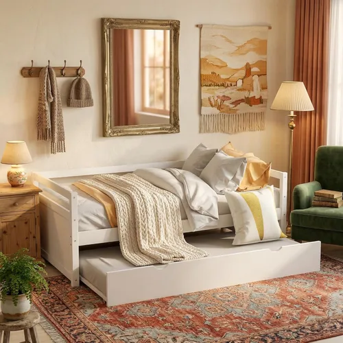 Miniatura 3 de Merax Sofá cama tamaño individual con nido, marco de sofá cama de madera maciza, color blanco