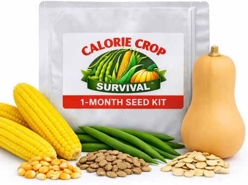 Calorie Crop Survival Kit de semillas de 1 mes – Cultiva calorías de 30 días – Semillas de maíz, frijoles y calabaza – Polinización abierta,