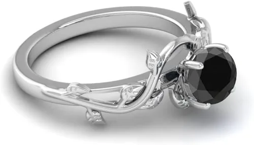 Miniatura 3 de Foreverblings Anillo de plata de ley 925, ónix negro, hojas de vid, anillo redondo de ónix negro, anillo de promesa, anillo de compromiso, regalo