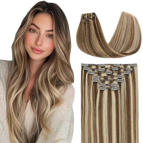 Miniatura 21 de VINBAO Extensiones de cabello humano con clip, balayage, color marrón ceniza a rubio caramelo, 14 pulgadas, 6 unidades, 3.53 onzas, 6