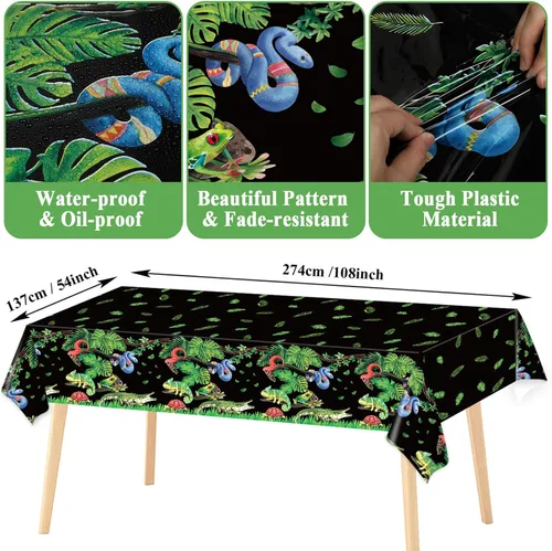 Miniatura 3 de Suministros para fiesta de cumpleaños de serpiente de reptil, sirve 24 platos de papel para fiesta de lagarto, servilletas, mantel de serpiente