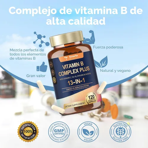 Miniatura 5 de Complejo de Vitamina B Plus 13 en 1 con Vitamina B1, B2, B3 (Niacina), B4, B5, B6, B7 (Biotina), B8 (Inositol), B9 (Ácido Fólico), B12, C, D3, K2
