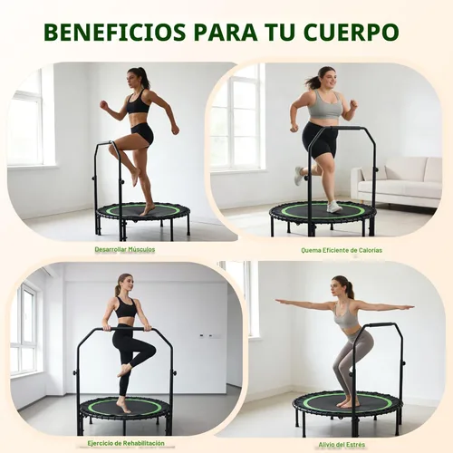 Miniatura 5 de Mini trampolín rebotador de 40 pulgadas para adultos con asa, mini trampolín plegable con cuerdas elásticas, mango de espuma ajustable, estable