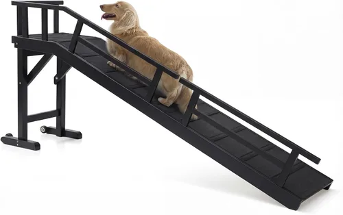 Miniatura 14 de Rampa para perros para cama o sofá, rampa de madera para mascotas con pendiente suave de 20°, rieles laterales extraíbles, superficie