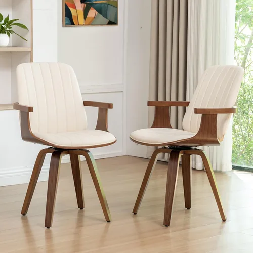 Juego de 2 sillas de comedor giratorias, modernas de mediados de siglo con artesanía de nogal, piel sintética tapizada, brazos y patas de madera,