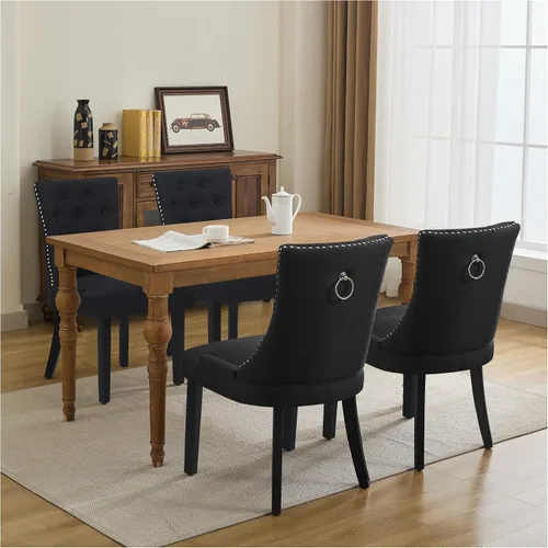 Miniatura 13 de Juego de 4 sillas de comedor tapizadas copetudas, sillas laterales de tela para comedor con cabeza de clavo en la parte trasera y patas de madera