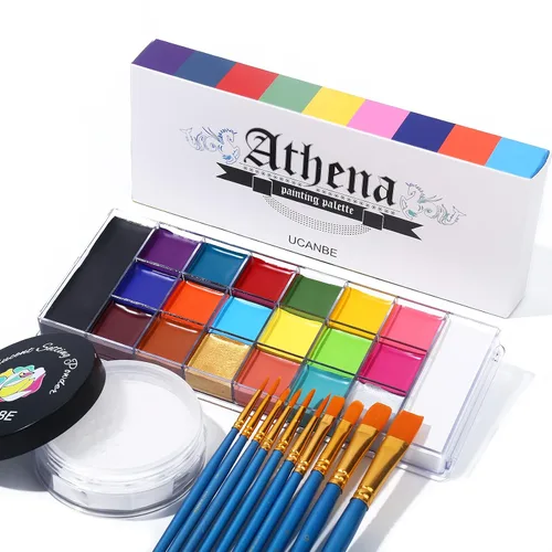 UCANBE Athena - Paleta de aceite de pintura facial y cuerpo + polvo de ajuste translúcido + juego de 10 pinceles, kit profesional no tóxico de