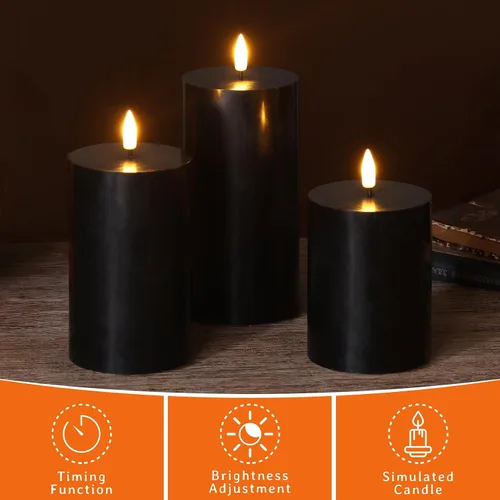 Miniatura 4 de Velas de pilar sin llama negras con control remoto, velas LED parpadeantes de cera que funcionan con pilas, juego de 3 Negro