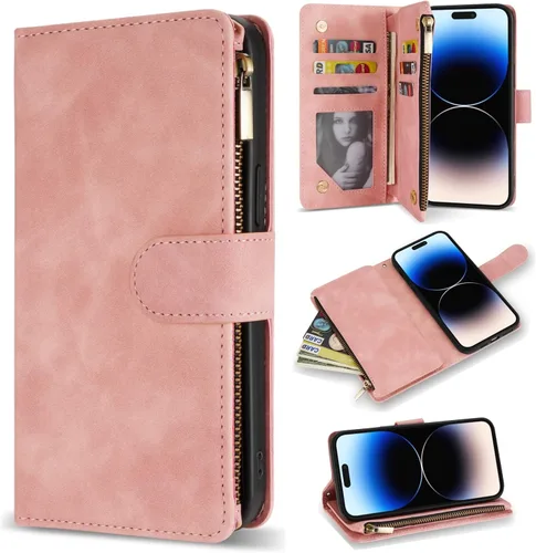 Miniatura 8 de ZZXX Funda tipo cartera para iPhone 14 Plus con [Bloqueo RFID] Ranura para tarjetas Cuero PU suave premium con cremallera tipo folio plegable