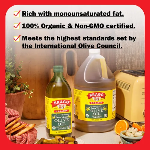 Miniatura 5 de Bragg - Aceite de oliva orgánico y extravirgen, hecho con aceitunas griegas Koroneiki, prensado en frío para marinar y vinagretas, con certificado