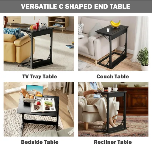 Miniatura 8 de Mesa plegable para TV, mesa de cena de TV, bandejas de TV de altura ajustable para comer en el sofá, mesa auxiliar en forma de C con ranuras