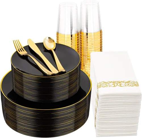 Miniatura 14 de Supernal 150 platos de plástico blanco y dorado, cubiertos de plástico dorado, juego de vajilla blanca incluye 60 platos, 30 tenedores, 30 Juego