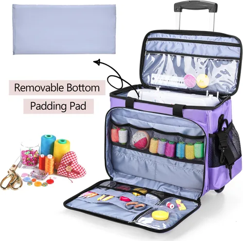 Miniatura 2 de LUXJA Estuche para máquina de coser con plataforma desmontable y almohadilla inferior extraíble, bolsa rodante que se adapta a la mayoría de Morado