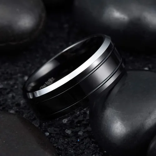 Miniatura 46 de King Will Anillo de boda de carburo de tungsteno para hombre con diseño de ranura, 6/7/0.315 in de ancho, acabado cepillado/pulido para hombre