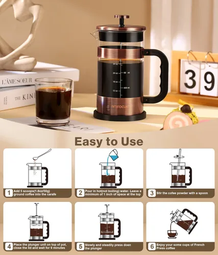 Miniatura 5 de Prensa francesa para café - Cafetera de acero inoxidable clásico de 34 onzas con sistema de filtración de 4 niveles, vidrio de borosilicato Cobre