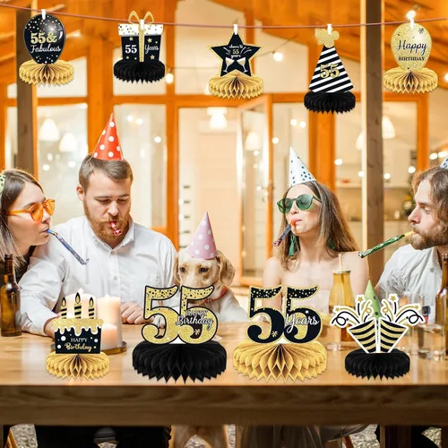 Miniatura 7 de 9 piezas de decoración de cumpleaños número 55 para centros de mesa de cumpleaños 55 para decoración de mesas, decoraciones de nido de abeja de 55
