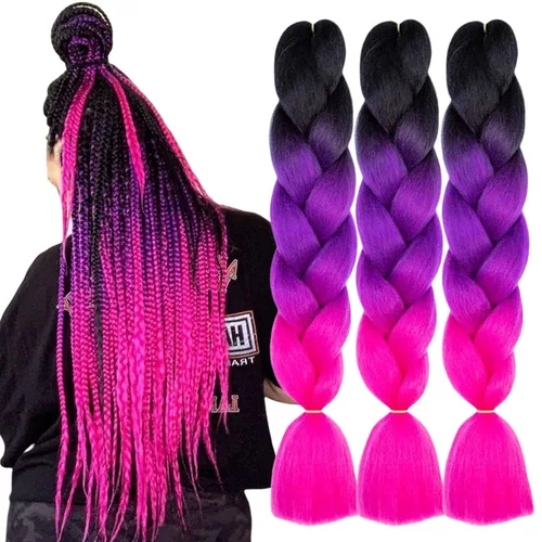 Miniatura 43 de 3 paquetes de extensiones de cabello sintético para trenzar de color negro a azul, tamaño jumbo ombré, de 24 pulgadas o trenzas de ganchillo