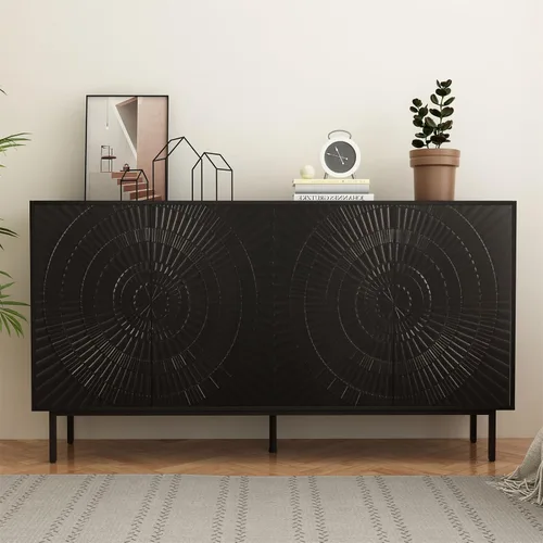Miniatura 4 de LKTART Armario de almacenamiento de bufé de 59.06 pulgadas para comedor, consola de puerta de flores talladas, resorte prensado de 4 puertas