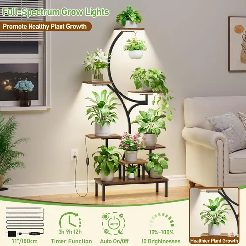 Miniatura 4 de Soporte para plantas de interior con luces de crecimiento, estante para plantas de interior de 7 niveles con base elevada y gancho para colgar