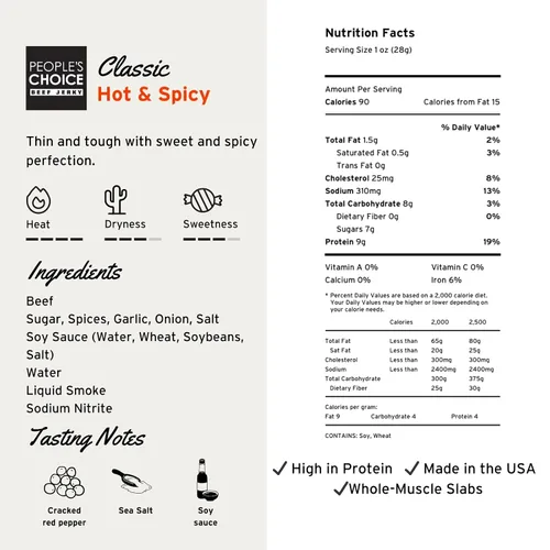Miniatura 2 de People's Choice Beef Jerky – Losa Grande Caliente y Picante – Músculo Entero, Rebanadas Finas, Textura de Carne Seca en Losa – 9g de Proteína por