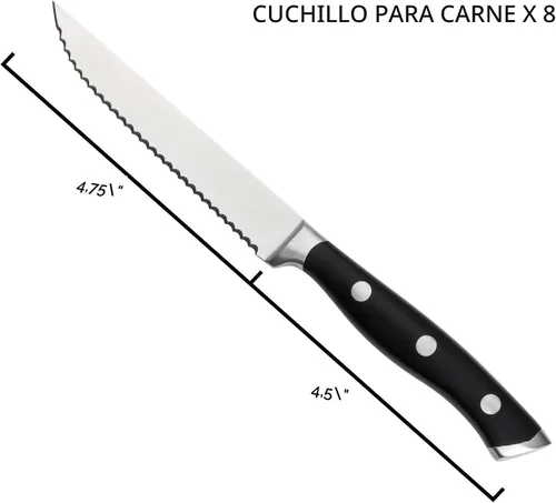 Miniatura 4 de Alata Juego de cuchillos para carne de 8 piezas, 4.7 pulgadas con borde dentado, cuchillos afilados para cena, construcción de espiga completa Negro