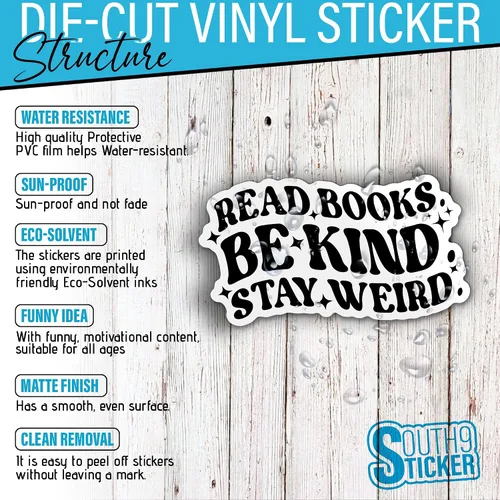 Miniatura 4 de (3 unidades) - Calcomanías de lectura con texto en inglés "Be Kind Stay Weird", calcomanía de vinilo troquelado impermeable de 2 pulgadas