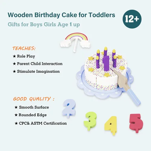 Miniatura 3 de Comida de Juego de Simulación para Niños Pequeños de 2-5, Pastel Falso de Cumpleaños de Madera con Velas y Números, Juguetes de Regalo de Cocina