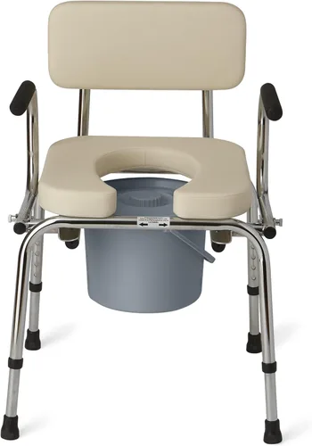 Medline Cómoda de brazo abatible con asiento y respaldo acolchados, silla de inodoro duradera para adultos y personas mayores, cubo removible,