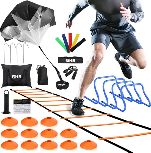 Miniatura 11 de GHB Agility Ladder,Football Training Equipment Set,4 Agility Hurdles, 20 feet12 Rungs Speed Ladder,12 Disc Cones,Resistance Parachute, Jump Rope, 5