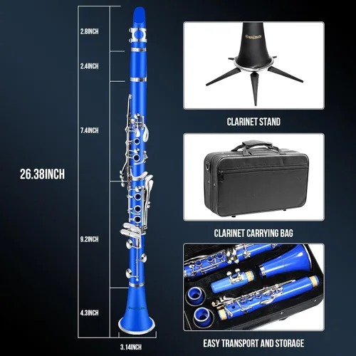 Miniatura 5 de Soulmate Bb Flat - Clarinete para estudiantes principiantes con 17 teclas de níquel con 2 barriles y kit de limpieza para clarinete, color azul