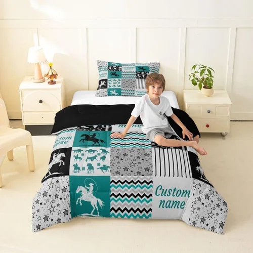 Miniatura 35 de Juego de edredón de softbol personalizado, juego de ropa de cama de retazos a cuadros para niños y niños, edredón de bate de béisbol, juego