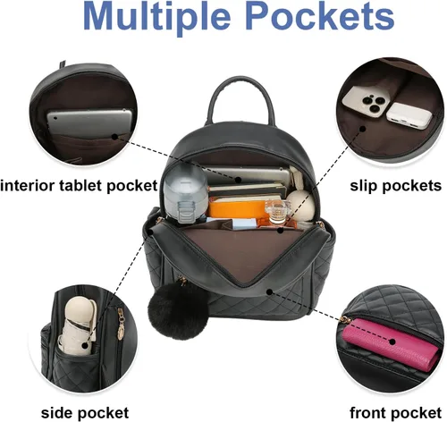 Miniatura 5 de Mini mochila de moda para niñas, bolso pequeño lindo de cuero a cuadros para mujer, mochilas pequeñas, Negro -, Mini mochila de moda para niñas
