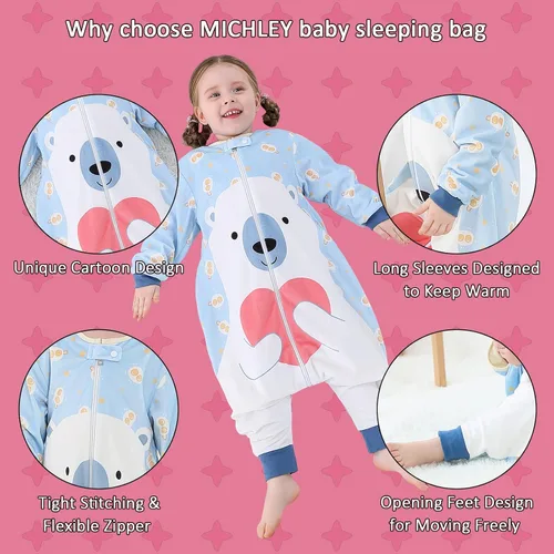 Miniatura 2 de MICHLEY Saco de dormir para bebé, manga larga con pies, manta de invierno para niños y niñas, oso, 1-3 años