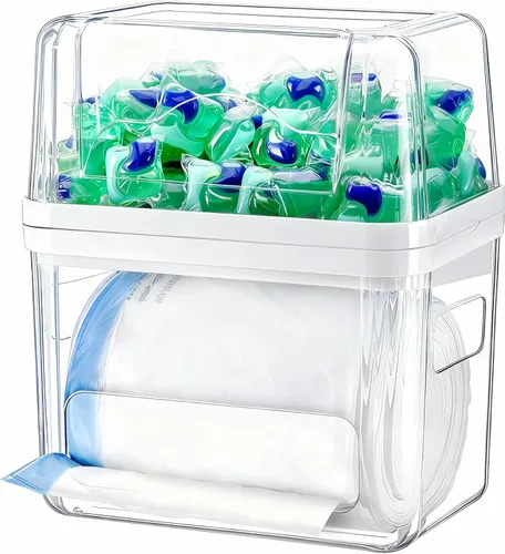 Miniatura 8 de iCASA Soporte dispensador de bolsas de basura – Organizador de acrílico 2 en 1 para debajo del fregadero, contenedor de bolsas de basura con tapa