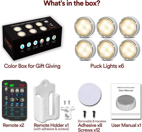 Miniatura 6 de TECOMLIGHT Luces de disco con control remoto, iluminación inalámbrica para debajo del gabinete, funciona con pilas, luces de empuje para cocina